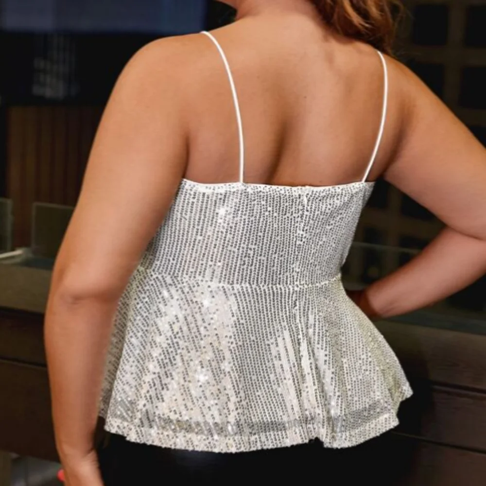 Shein Curve Silver Sequin Overlap Collar Peplum Hem Cami Top Sz XL - Picture 4 of 9